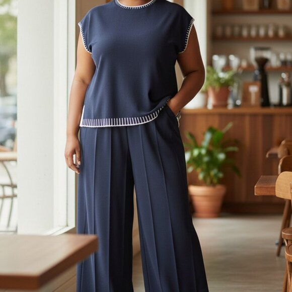 Two piece navy knit top and pants - Picture 3 of 8